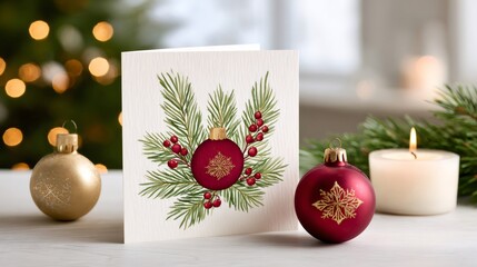 Wall Mural - christmas card with baubles and pine branches showing christmas spirit