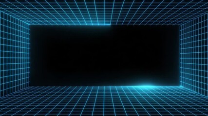 A digital rendering of a futuristic grid-like structure with glowing blue lines, creating a sense of depth.