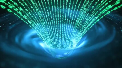 Digital stream of binary code flows into a swirling vortex of blue light, representing data transfer and technology.