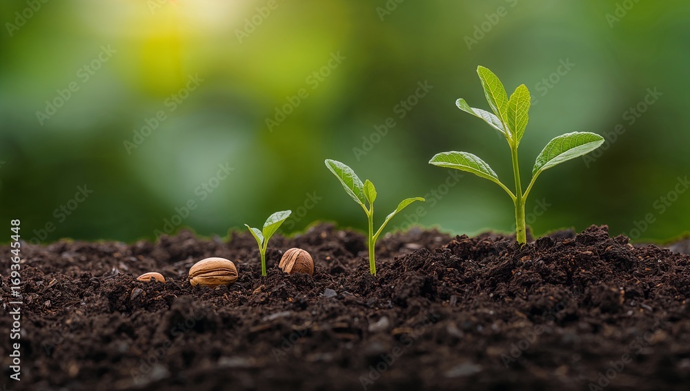 Stages of plant growth from seed to seedling showing development and ...