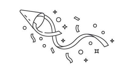 A simple black and white line art illustration of an exploding party popper with confetti and a streamer.