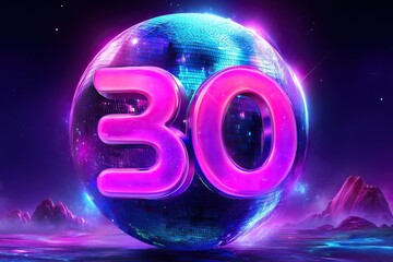 Wall Mural - Futuristic number 30 encased in a glowing sphere with a galaxy backdrop