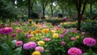 © Pisang - Lush garden bed bursting with colorful zinnias