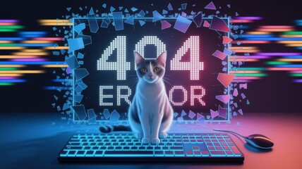 404 Error on Computer with cat, Cyberpunk Style