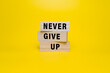 © Dadan - male hand put wooden blocks with never give up words text isolated on yellow background. motivational quote concept
