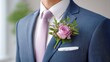 © Nitchalee N. - Minimalist wedding style, A close-up of a man's suit featuring a striking purple rose boutonniere, exuding elegance and sophistication for formal occasions.
