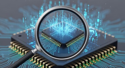 Futuristic inspection of a computer processor with glowing blue data streams.