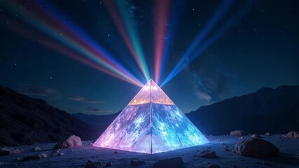 Wall Mural - Stunning glowing pyramid refracting light beams against a vibrant starry sky, perfect for futuristic designs and visual storytelling