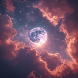 Full moon in clouds, close up view of moon,moon full covered with red and white clouds ,big moon in clouds 