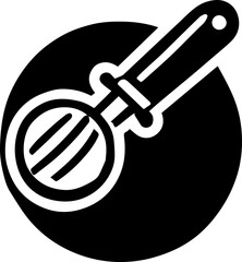 Illustration of a black and white whisk with a handle inside a circular black background shape design