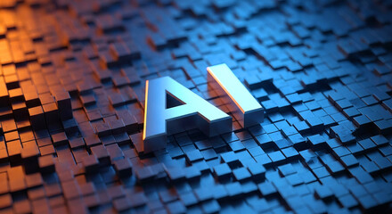 Artificial intelligence concept with reflective letters and abstract cubes pattern
