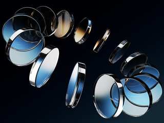 Neon glass round discs with brown blue gradient on dark 3d background. Circular motion effect of crystal glossy plates. Holographic iridescent transparent disks in ring shape render. 3D illustration