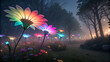 © prabuddamadushan - Glowing, rainbow-hued flower lights populate a misty garden path, illuminated by distant warm lights, creating a magical, ethereal, and dreamlike ambiance.