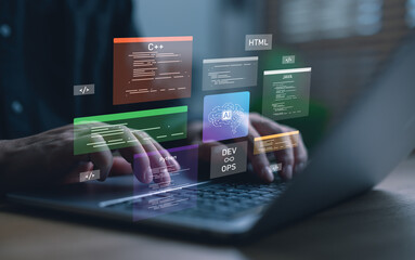 Developer coding with multiple programming languages on laptop, including Python, Java, C++, and HTML, representing AI development, DevOps and modern software engineering.