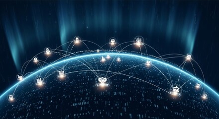 Wall Mural - Digital globe with connected icons and data streams