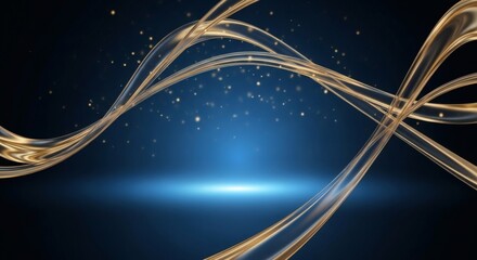 Wall Mural - golden ribbons flow across a dark blue background with scattered gold particles