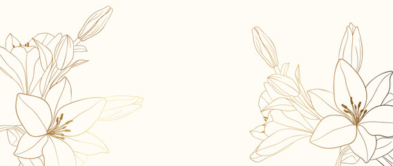 Wall Mural - Gold lily flower hand drawn on beige background vector. Natural botanical elegant floral with gold line art. Luxury illustration for decoration, wall decor, wallpaper, cover, banner, package, card.