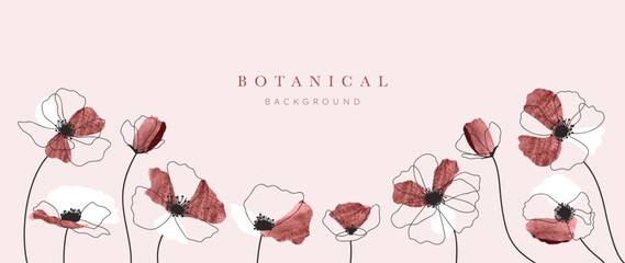 Wall Mural - Red flower hand drawn on pink background vector. Natural botanical elegant floral with black line art and watercolor texture. Luxury illustration for wall decor, wallpaper, cover, banner, package.