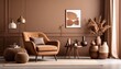© Rendy Dastian - Living room interior in brown mocha mousse 2025 color with brown armchair and decor