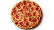 © syhin_stas - Overhead view showing crispy pizza crust topped with melted mozzarella, spicy pepperoni slices, zesty tomato sauce on pristine white surface