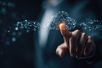 Finger touches glowing cloud form, connecting nodes. Dark background. Tech focus