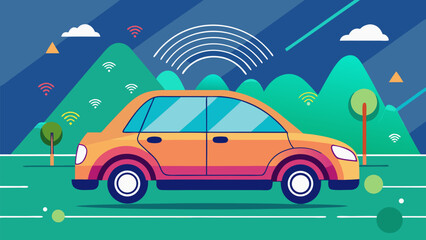  Smart car with wireless connectivity driving through a scenic landscape with mountains and trees