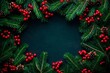 © Oleksandr - Fir branches with red berries create a festive border against a dark blue background during winter season