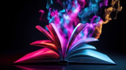Wall Mural - An open book emits vibrant, colorful smoke or energy, creating a magical and imaginative atmosphere against a dark background.