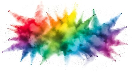 Stunning burst of vibrant rainbow powder exploding on a bright white background, creating a dynamic and colorful abstract design perfect for bold marketing campaigns