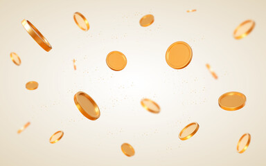 Wall Mural - falling gold shiny coins with effect bokeh on beige isolated background. rich or casino luck concept