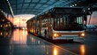 © SSP - A modern bus waits at a sleek terminal, illuminated by soft lights, showcasing a blend of urban architecture and transportation.