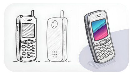 Vintage cell phone sketches and illustration isolated on a transparent background mobile communication
