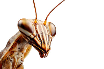 Extreme close-up of praying mantis head with compound eyes and antennae isolated on transparent background