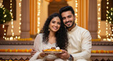 young indian couple holding sweet plate sitting together on diwali festival