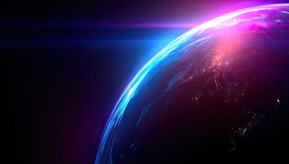 A vibrant, colorful view of Earth from space, highlighted by luminous blue and purple hues, with city lights illuminating the continents.