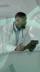 Wall Mural - animation of dna strand and data processing over diverse doctors in hospital
