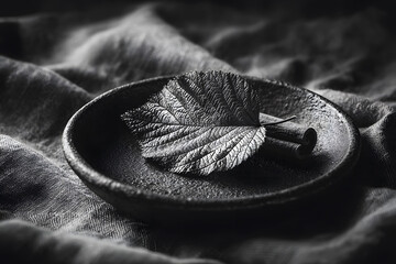 Wall Mural - Minimalistic Autumn Leaf with Cinnamon Sticks on Textured Plate for Elegant Decor