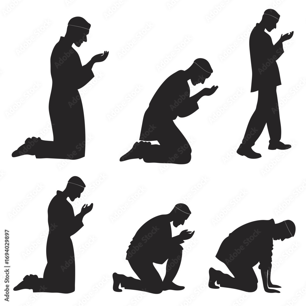 Six black silhouettes of men praying in Islamic postures islamic prayer ...
