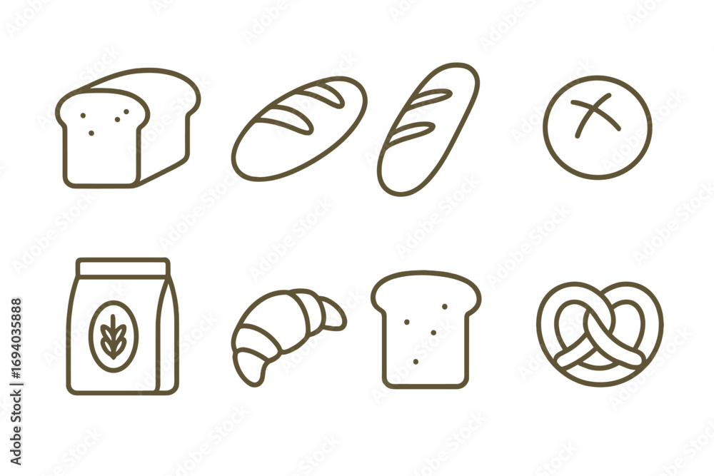 Bread and bakery thin line icon set. Vector symbols of loaf, baguette ...