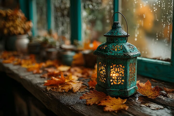 Wall Mural - Cozy Autumn Lantern at Windowsill with Fallen Leaves for Seasonal Decor