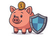 © Corinna - Cartoon piggy bank with a golden coin and protective shield, financial security concept illustration for savings, money protection, investment safety, insurance, and wealth management