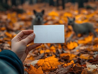 Wall Mural - a hand holds a blank white card on an autumn forest floor covered in colorful leaves with two blurre