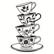 © Mithu - Stacked floral teacups and saucers floral pattern black and white
