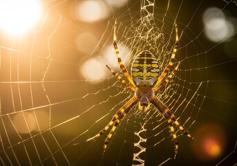 Macro shot of spider on web with sunlight