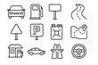 © Paula - Car and road travel line icon set. Transport, driving, and navigation symbols. Gas station, fuel pump, highway, map, parking sign, and steering wheel outline icons. Vector.