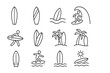 © Elisabeth - Surfing and summer beach vacation line icon set. Surfer on wave, surfboard, palm tree, and sun outline icons. Minimalist water sport vector symbols with editable stroke.