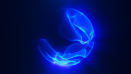 Wall Mural - futuristic glowing blue sphere with fluid wave-like structures and soft light trails in a dark digit