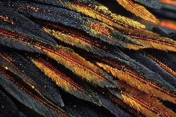 Wall Mural - Close-up of dark feathers with orange and gold highlights abstract nature texture.