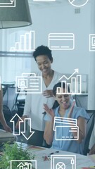 Wall Mural - animation of digital icons over group of diverse women clapping and high fiving each other at office