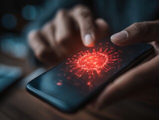 Security alert on smartphone display. Virus infected smartphone concept.Closeup of male hands touching smartphone screen to read notification